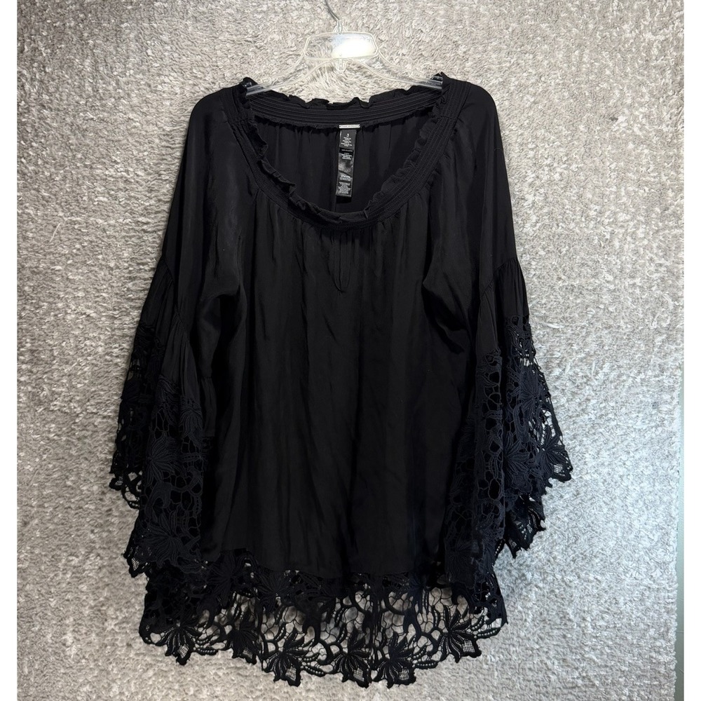 Chico's Black Label Tunic Top Black Lace Bell Sleeve Smocked Neck Size 3 XL